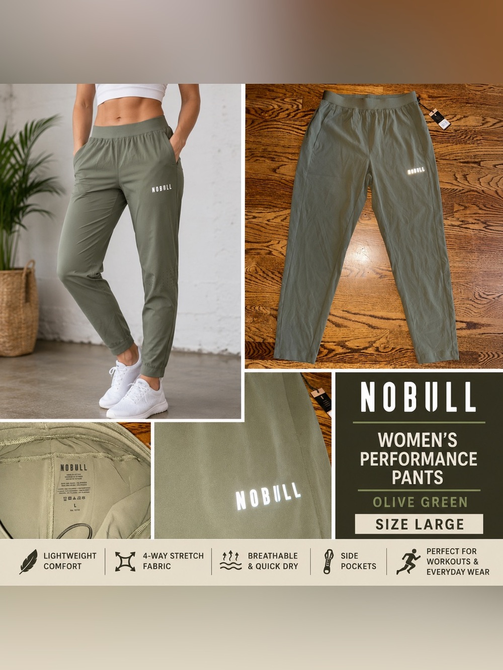 NOBULL Women’s Olive Green Performance Pants Size Large Lightweight Athletic
